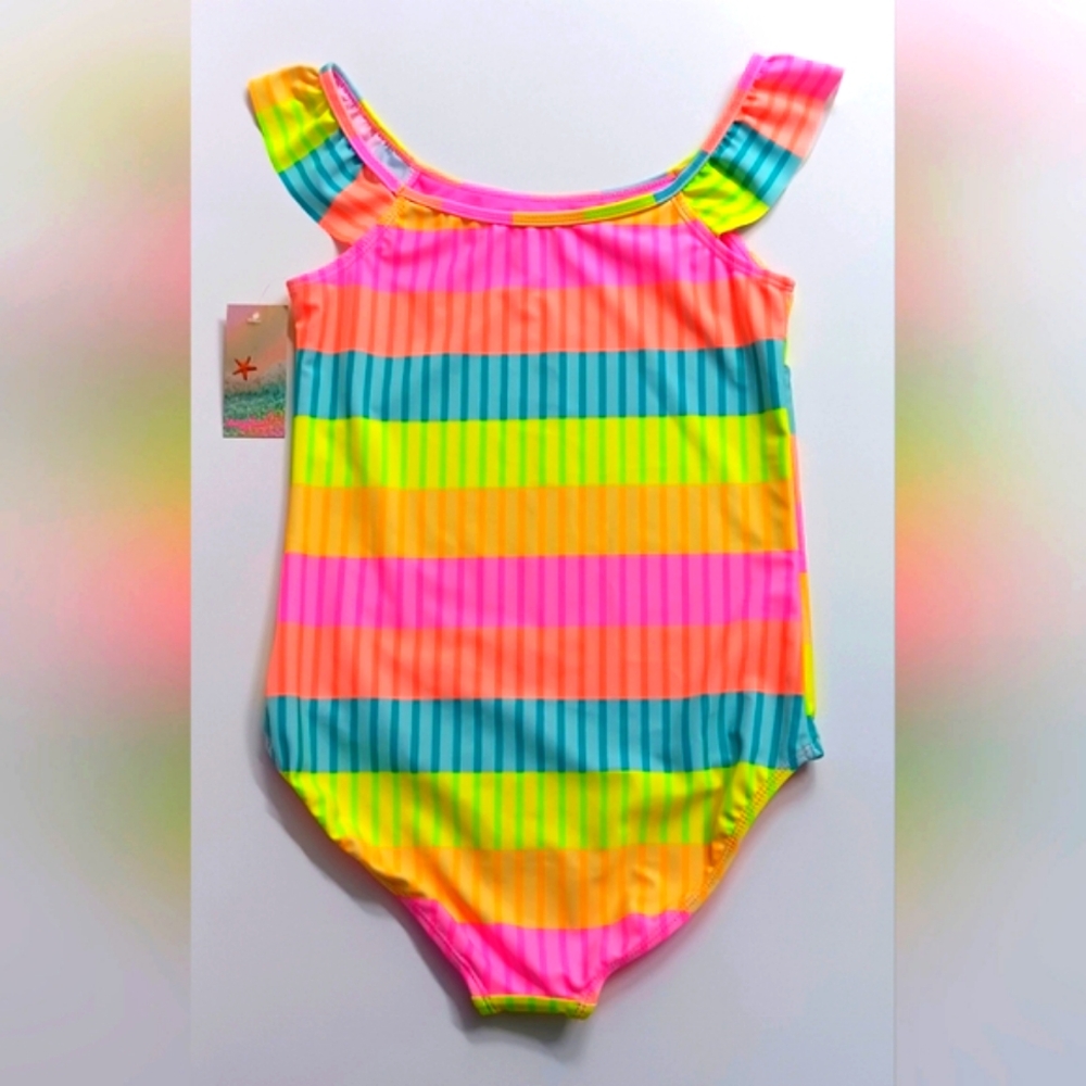 Girls bmagical One-Piece Swimsuit Pink Striped Ruffle Sleeves – Large 12 – New - Picture 3 of 4